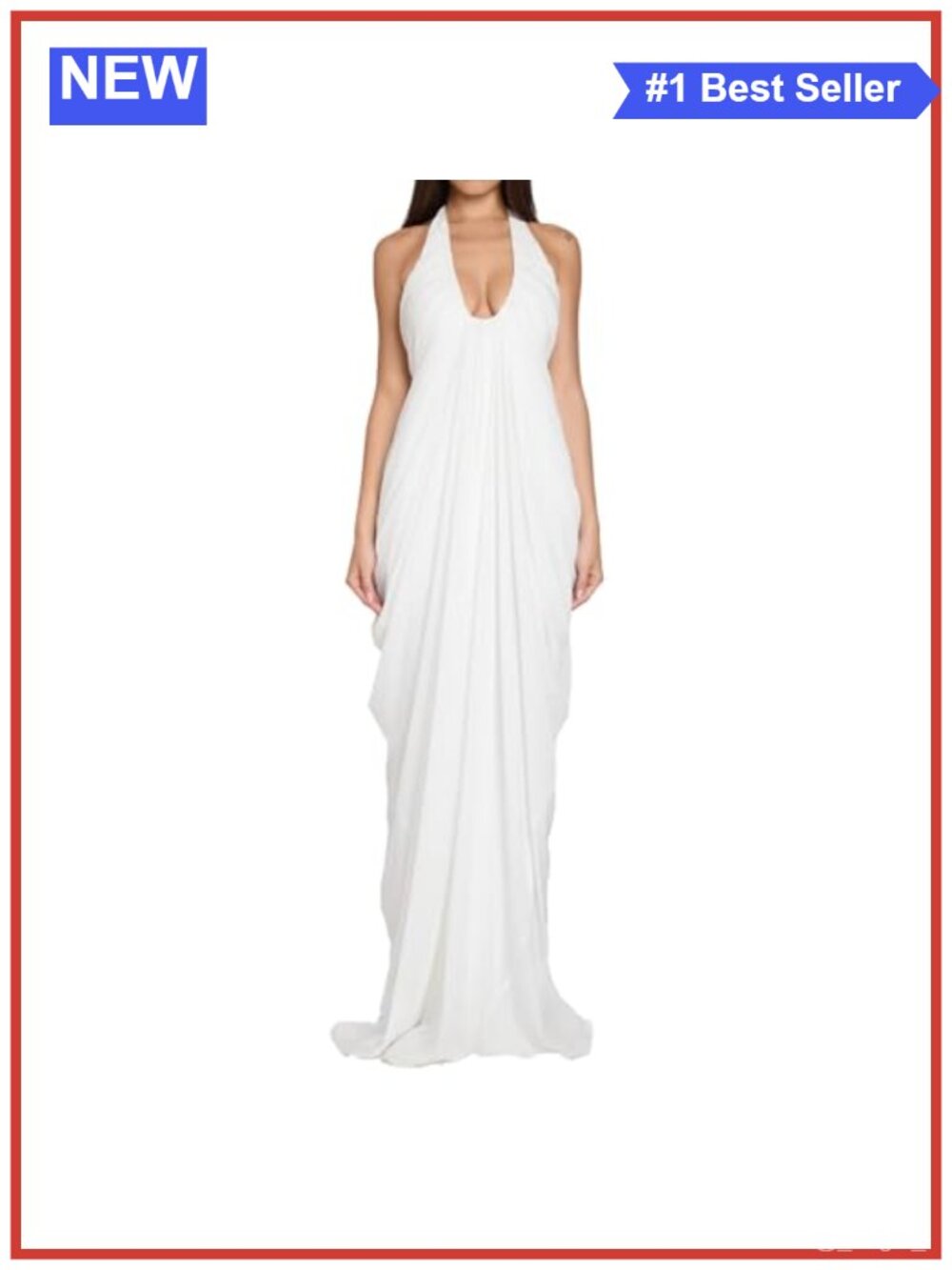Women Halter Deep V Neck Draped Maxi Dress Wedding Guest Gown